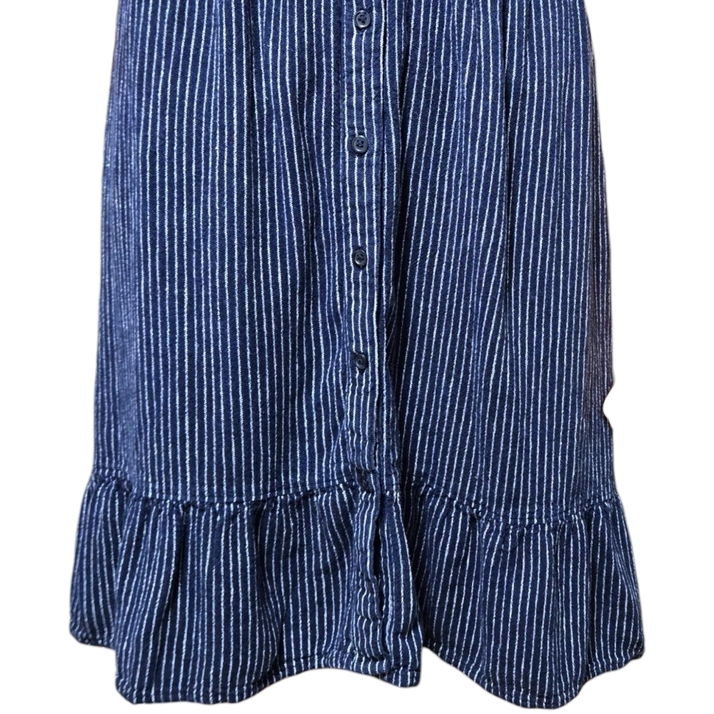 Wmns Navy Blue Striped Button Front Dress M Sleeveless Linen Beach Coastal Chic - Picture 3 of 14